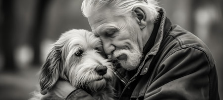 Elderly man with a gentle expression cuddles his dog, capturing a moment of companionshipの素材