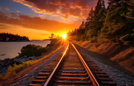Warm sunset hues bathe a tranquil railroad track by a forested coastlineの素材