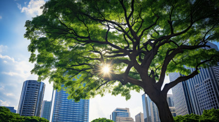 Green tree in front of the city. Ecology and sustainable environment conceptの素材