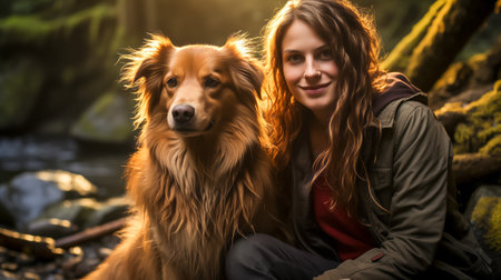 Joyful young woman and her golden retriever dog sitting by a stream in a lush forestの素材