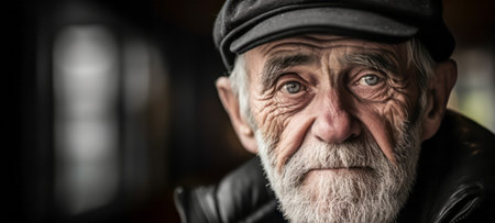Close-up of an elderly man's face showing deep wrinkles, thoughtful eyes, and a gray beardの素材