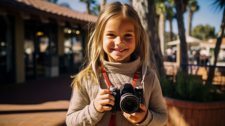 Happy young girl holding a camera, ready to capture moments on a sunny day outsideの素材