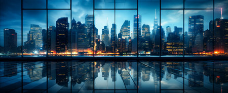 Cityscape of modern city at night with reflection in the glass windowの素材