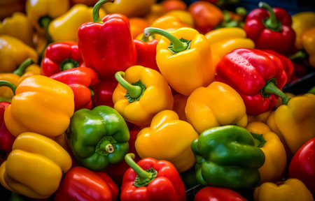 Vibrant red, yellow, and green bell peppers with water dropletsの素材