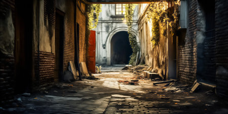 Sunlight streams through an arched entrance, casting a golden glow in a quiet, vine-entwined alleyの素材
