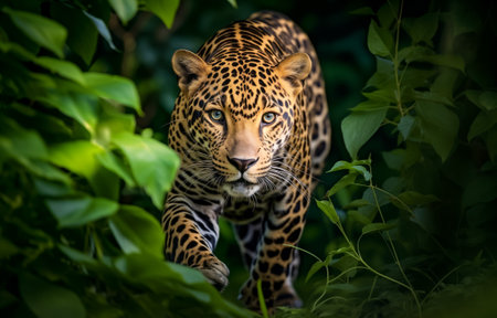 A stunning leopard prowls forward, its piercing gaze captivating amidst the dense green foliage of the jungleの素材