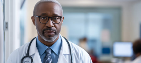 Experienced black male doctor wearing glasses and a lab coat in clinical settingの素材