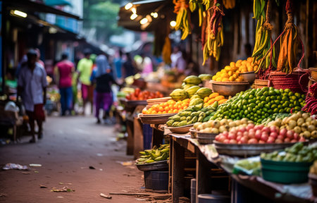 A lively street market featuring a variety of colorful fruits and engaged shoppersの素材