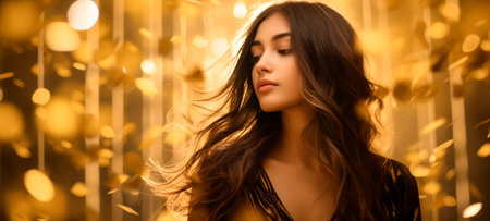 Elegant young woman in a black dress, hair cascading over shoulders, amidst a backdrop of golden bokeh lightsの素材