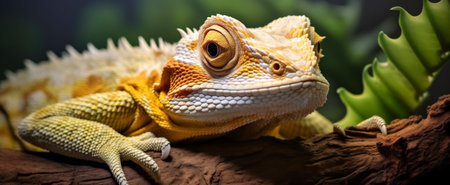 Detailed image of a yellow bearded dragon, resting on a wooden log, with a green backgroundの素材
