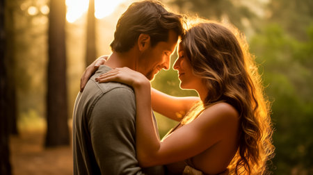 Loving couple sharing an intimate embrace in the warm light of a forest at sunsetの素材