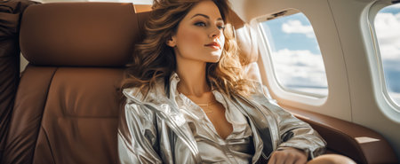 Fashionable young lady relaxing in spacious seat of a private airplane with sunlightの素材