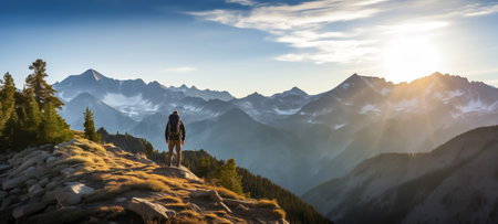 Man with backpack standing on a mountain trail at sunrise, overlooking a stunning panoramic viewの素材
