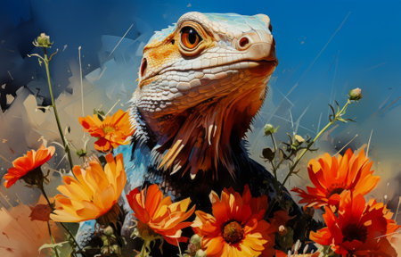 Painting of a wild iguana with flowers in the foreground. Close-upの素材