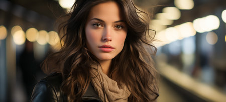 Stunning young brunette in a leather jacket against a blurred city lights backgroundの素材