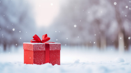Festive red gift box with a vibrant bow, nestled in fresh snow with falling flakes, holiday season conceptの素材