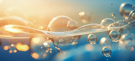 Tranquil image capturing the delicate dance of transparent bubbles on water, highlighted by a warm, golden sunset lightの素材