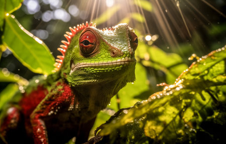 A vibrant green iguana with red accents enjoying the warmth of sunlight filtering through lush leavesの素材
