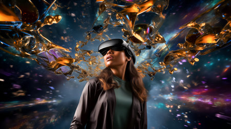 African-american woman with vr headset among floating golden clocks in cosmosの素材