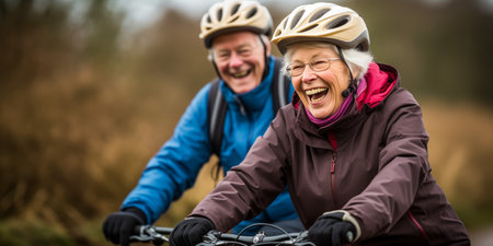 Laughing senior man and woman enjoying a leisurely bike ride on a cloudy dayの素材