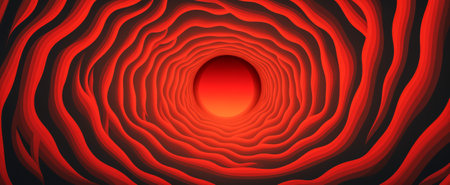 Abstract art of a red and black wavy tunnel creating an optical illusion of depthの素材