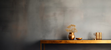 A stylish, minimalist interior with a golden vase and matching accessories on a sleek tableの素材