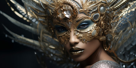 Close-up of a woman's face partially concealed by a detailed golden masquerade maskの素材