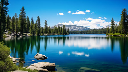 Tranquil forest lake surrounded by pine trees with mountain backdrop on a sunny dayの素材