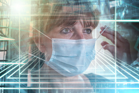 Portrait of mature woman putting on a medical mask on her face; multiple exposure
