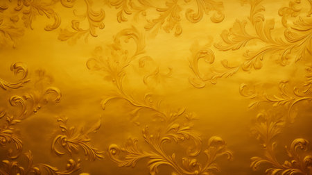 Ornate golden floral patterns embossed on a luxurious wallpaper backgroundの素材
