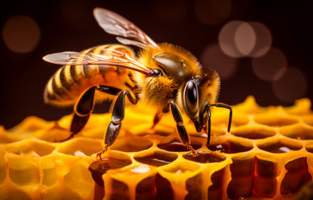 Close-up of a honeybee on a honeycomb, detailed detailed work and natural beautyの素材