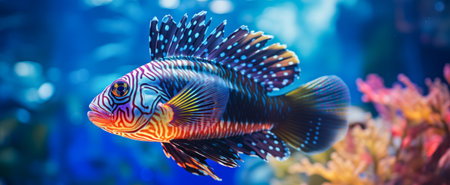 A striking mandarinfish with intricate patterns swims among the corals in a blue-hued marine aquariumの素材