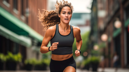 Athletic young woman with flowing hair jogging in an urban environment, focused and determinedの素材