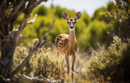Young spotted deer in natural habitat, alert and looking at the camera, with greenery backgroundの素材