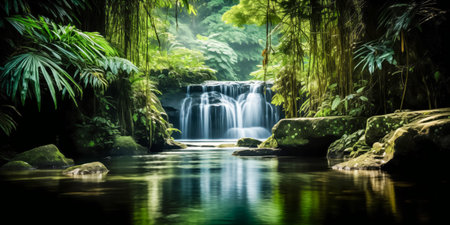 Tranquil waterfall surrounded by vibrant tropical foliage reflected in calm watersの素材