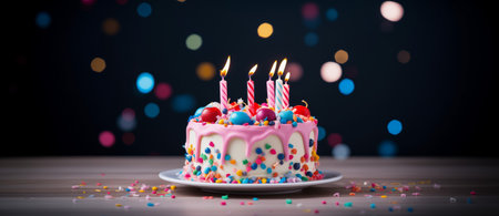 A cheerful birthday cake with pink glaze, sprinkles, and glowing candles against a bokeh backgroundの素材