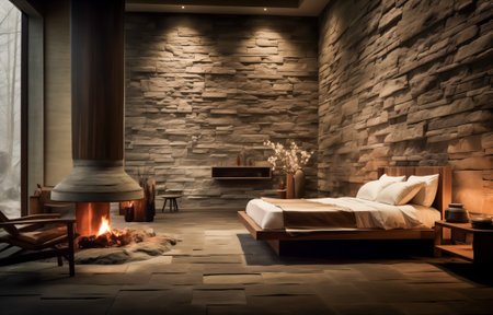 Cozy contemporary bedroom design with open fireplace and elegant stone wallの素材
