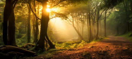 A tranquil forest path lit by a radiant sunburst piercing the misty, green canopy aboveの素材