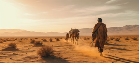 Lone nomad and camels cross the vast desert, with mountains silhouetted against the evening skyの素材