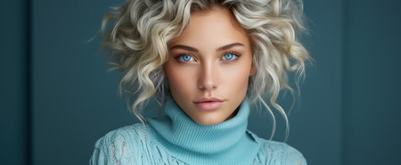 Portrait of a young caucasian woman with striking blue eyes and wavy blonde hair, wearing a blue sweaterの素材