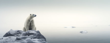 Lone polar bear standing on snowy rock, gazing over serene ice-flecked waters under a hazy skyの素材