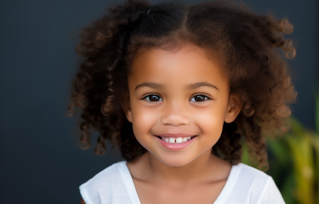 Cheerful young girl with beautiful curly hair and a captivating smileの素材