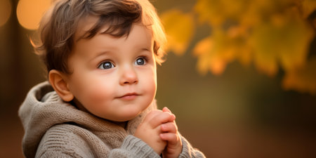 Charming little child gazing with large, expressive eyes during a golden autumn eveningの素材