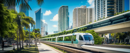 A sleek monorail train speeds through a vibrant cityscape lined with palm trees and modern architectureの素材