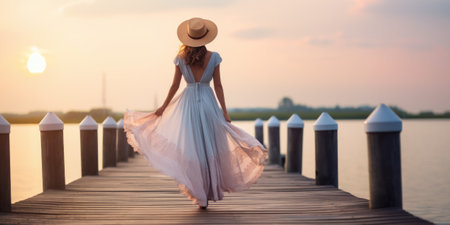 Beautiful young woman in white dress and hat walking on wooden pier at sunsetの素材