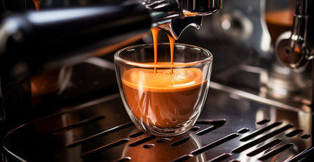 Rich, golden crema flowing from an espresso machine into a transparent glass, capturing the perfect moment of coffee brewingの素材