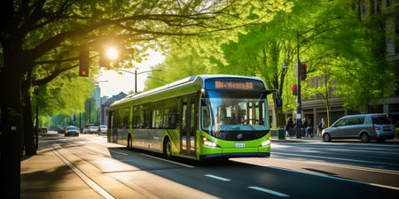 Eco-friendly public transportation, green electric bus on a tree-lined urban road in morning lightの素材