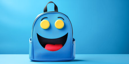 A playful blue backpack featuring a large smiling emoji face, set against a light blue backgroundの素材