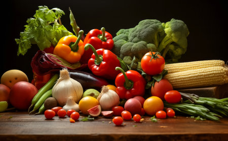 Vibrant collection of fresh vegetables including peppers, tomatoes, and corn on a wooden backdropの素材