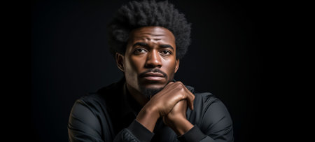 Pensive African-American man with a concerned look, illuminated by dramatic lightingの素材